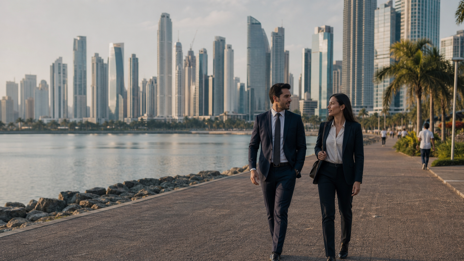 Couple walking along the Panama City waterfront promenade with the modern skyline behind them