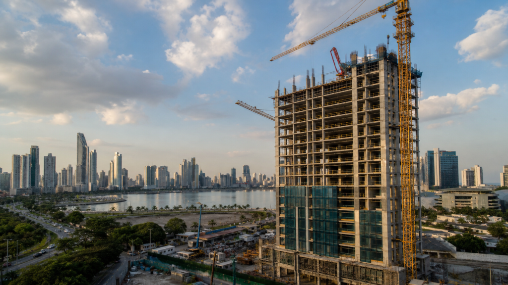 Panama City skyline with a residential tower under construction