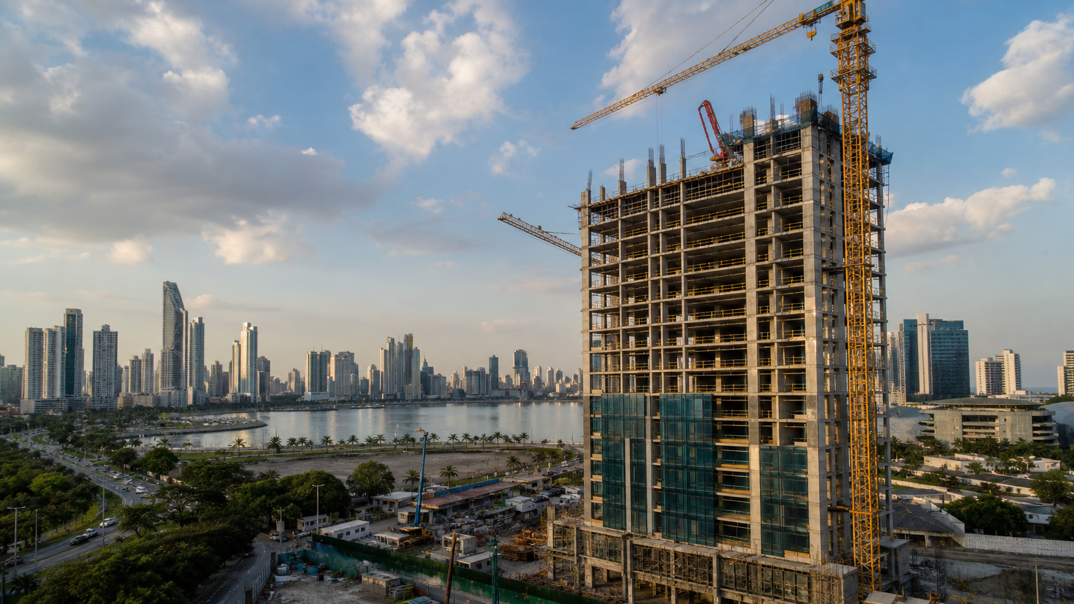 Panama City skyline with a residential tower under construction