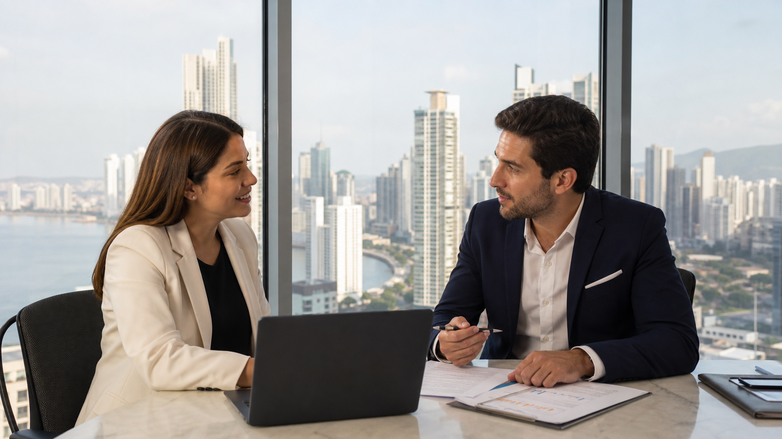 Business professionals reviewing paperwork in a Panama City office with the skyline in view