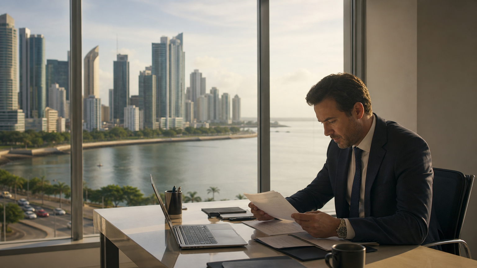 Business owner reviewing relocation paperwork with the Panama City skyline through the office window