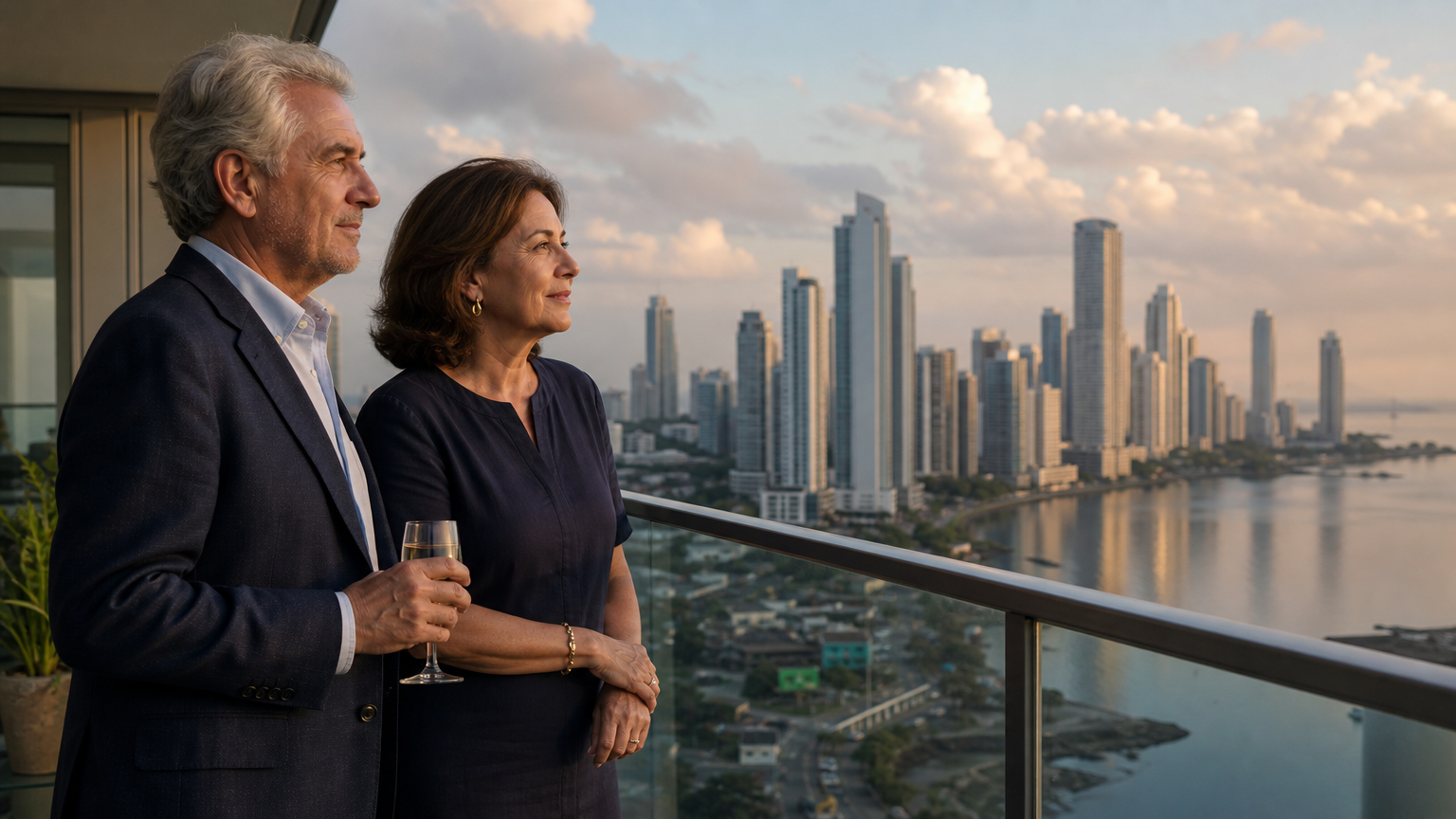 Retired couple on a Panama City high-rise balcony overlooking the skyline and bay