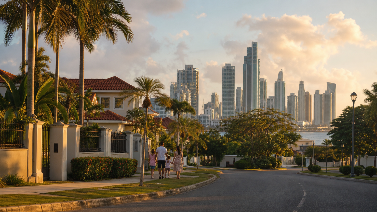 Panama City coastal skyline seen from a tree-lined residential neighborhood street