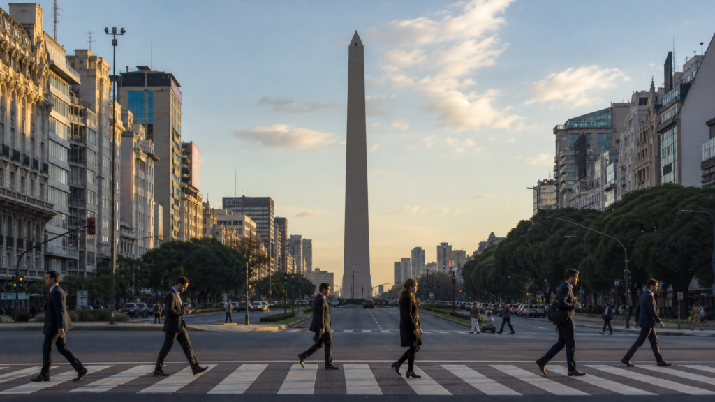 Buenos Aires skyline and the Obelisco on Avenida 9 de Julio in warm afternoon light