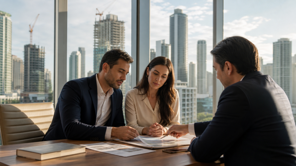 Couple reviewing Panama residency paperwork with an advisor, new towers under construction in Panama City behind them