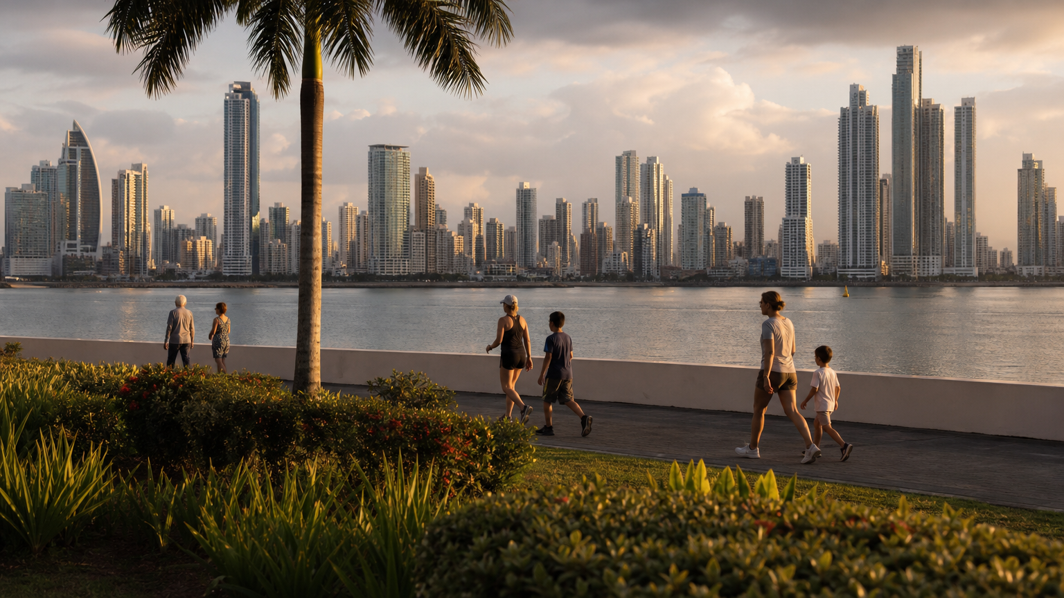 Panama City skyline from the Cinta Costera waterfront, with people of different ages walking at golden hour