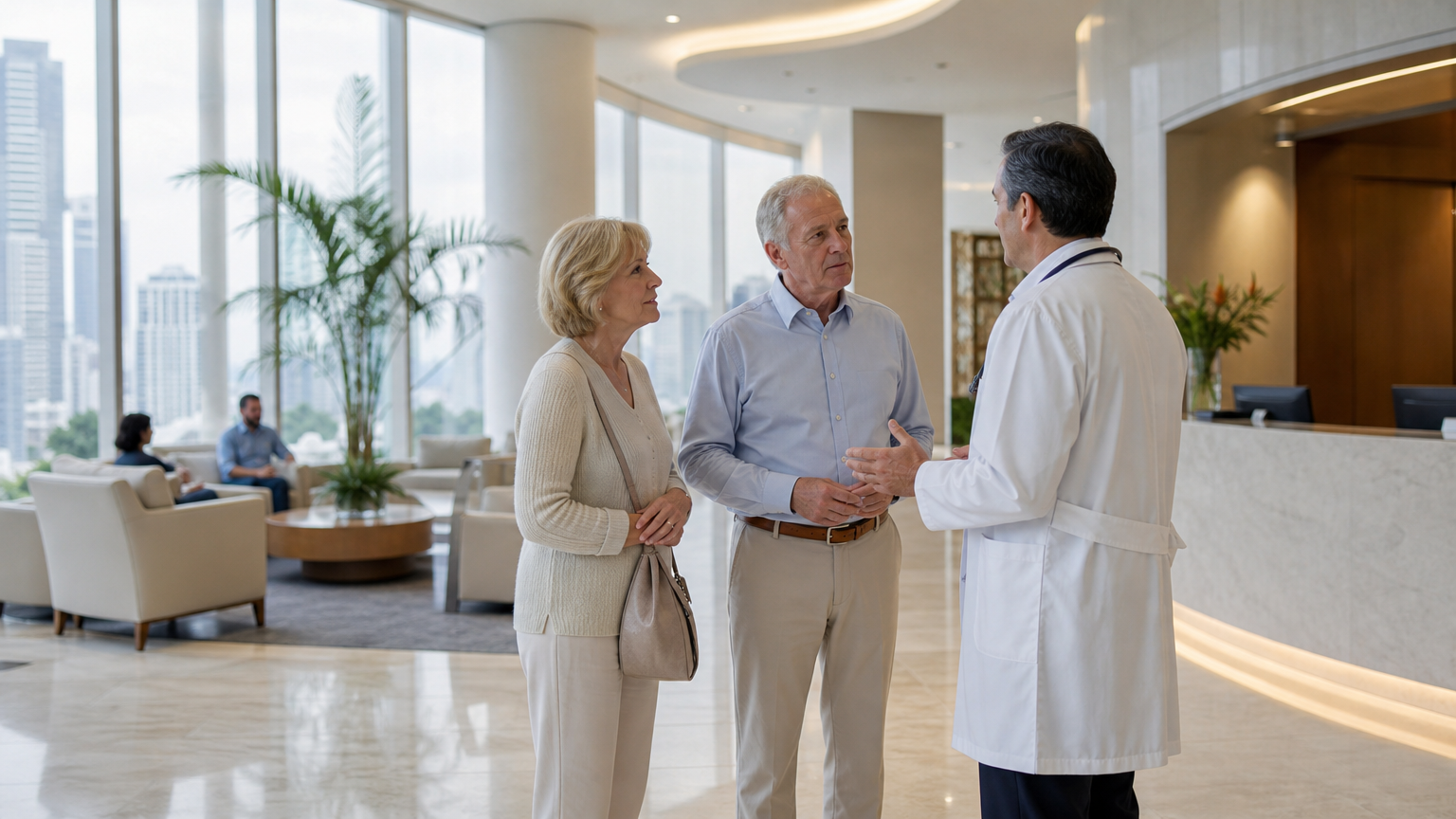 Retired couple speaking with a doctor in the bright reception area of a modern private hospital in Panama City