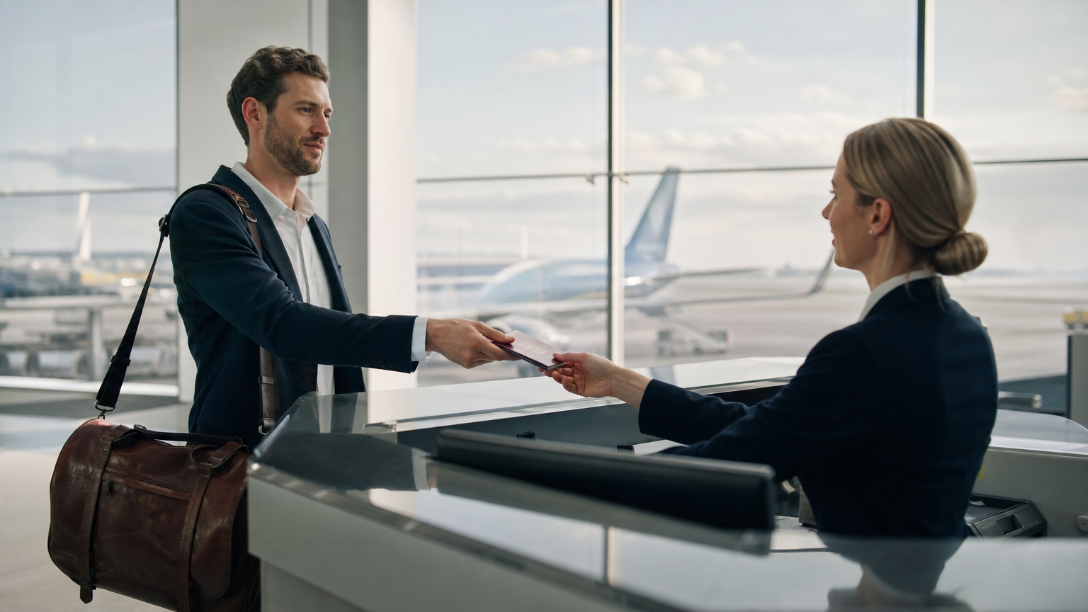 Traveller handing a passport to an officer at an airport passport control desk